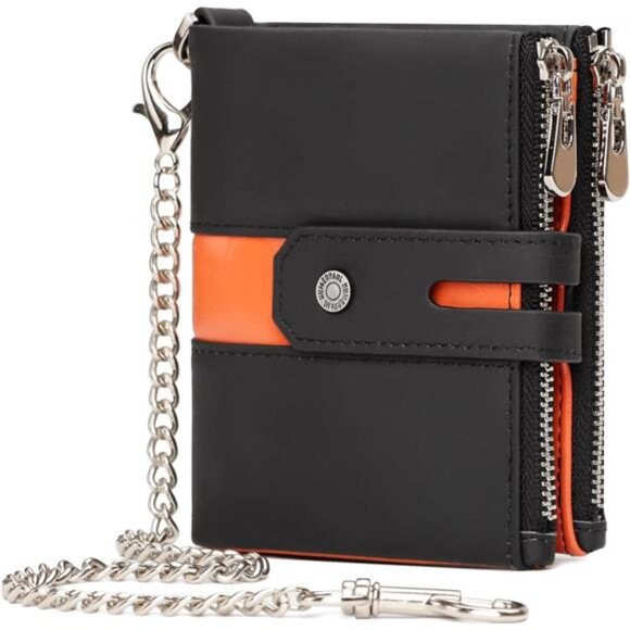 Other - Mens Wallets with Chain Genuine Leather Black Orange